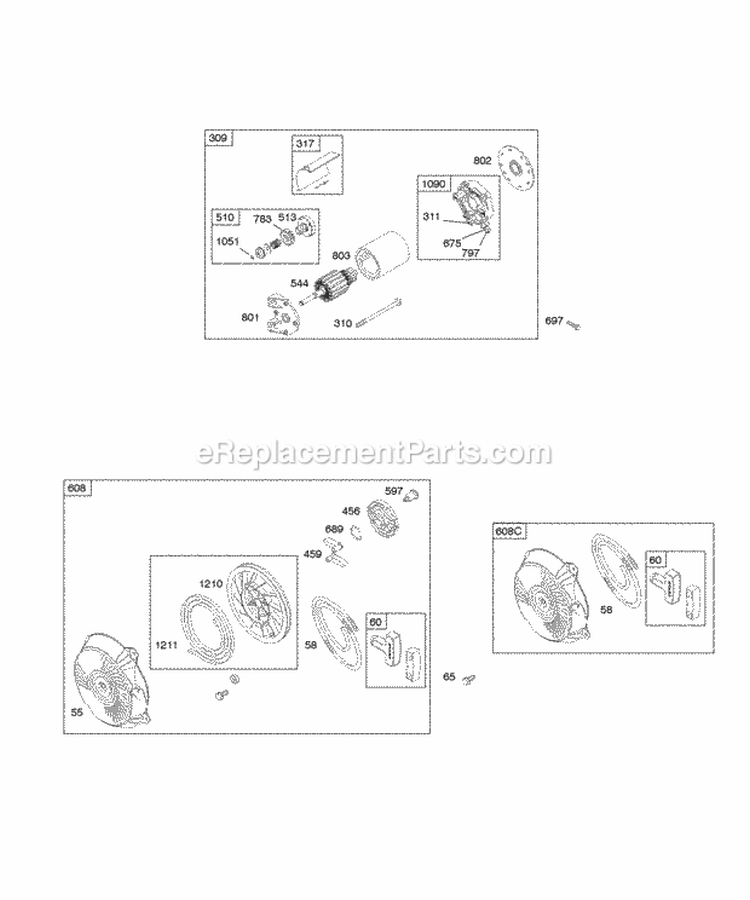 Electric Starter Rewind Starter Diagram and Parts List for 121252-0152-B8  Briggs and Stratton Engine
